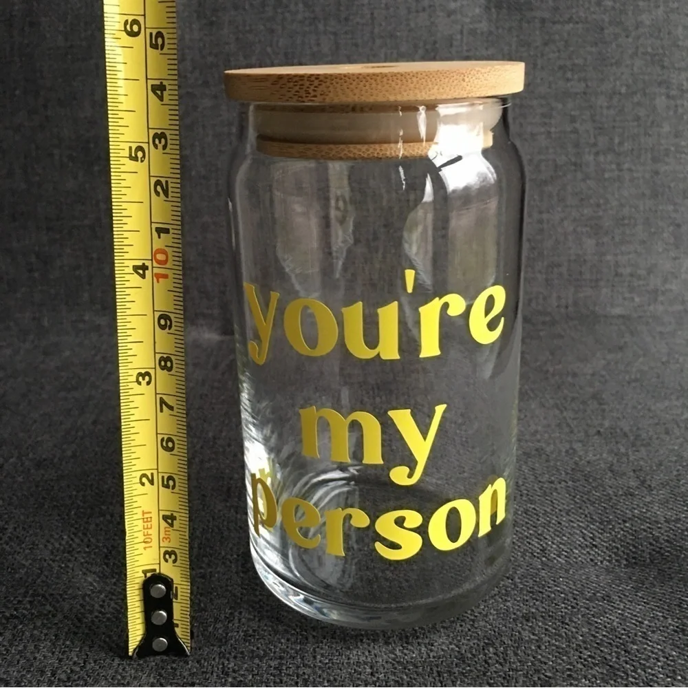 LAST CHANCE! “you’re my person” Glass Cup with Wooden Seal Top, Clear, Yellow